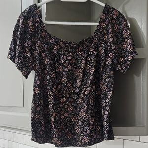 Lucky Brand Black Blouse with Pink Floral Pattern